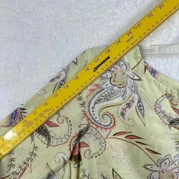 J Jill Love Linen Blouse Yellow Paisley Pattern Split Neck 3/4 Sleeve Size med - Picture 9 of 14